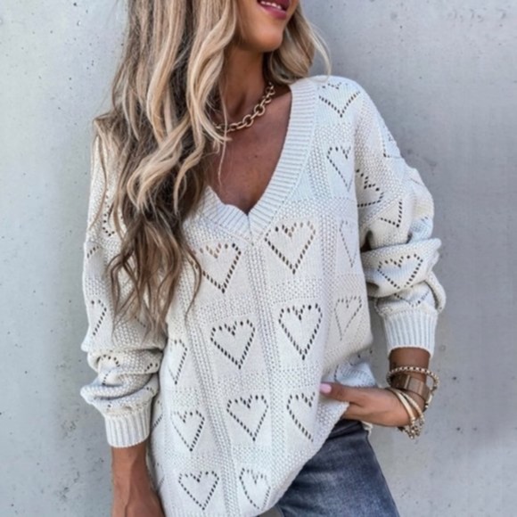 Bellanblue Sweaters - vneck boho vday heart print sweater BEIGE